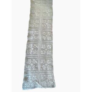 Hand-Crocheted Cream Cotton Table Runner 68" X 18" Floral Pattern Thick Thread